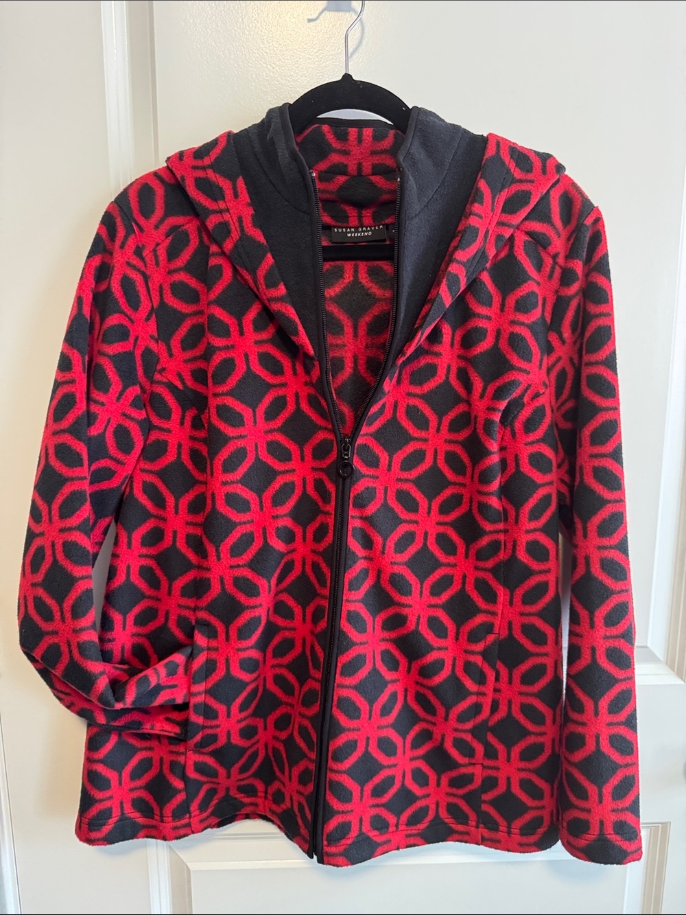 Susan Graver Red and Black Geometric Hooded Jacket